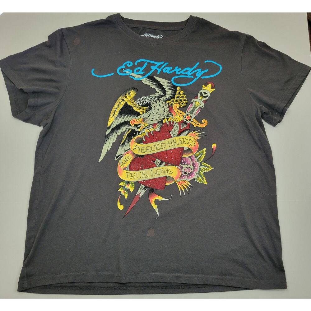 Ed Hardy Pierced Hearts and True Love Eagle Sword Unisex T-shirt Gray XL Bling